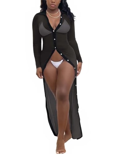 Kafiloe Women Sheer Mesh Dress Long Sleeve Sexy Bodycon Button Down Beach Bikini Bathing Suit Cover Ups for Swimwear