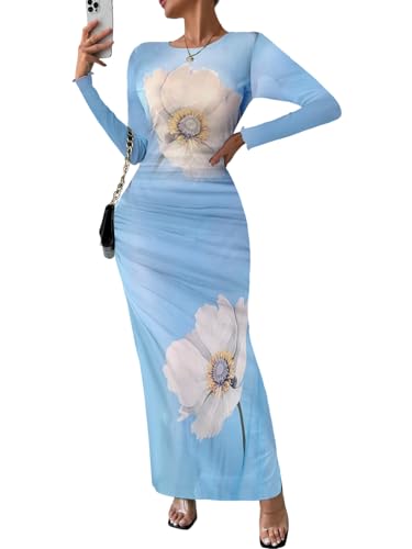 Image of MARZXIN Women Long Sleeve Maxi Dress Bodycon Ruched Formal Slim Fit Tie Dye Dress Formal Mesh Dress