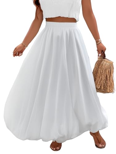Verdusa Women's Plus Size Y2k Bubble Midi Skirts Elastic Waist Pleated A Line Flared Skirt