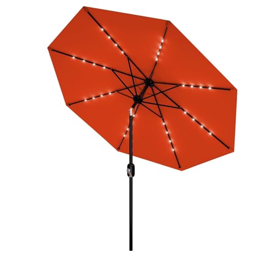 Patio Umbrella with Solar Lights, Outdoor Table Umbrella with 8 Durable Ribs, Tilt & Crank Mechanism, Water & UV Protection Sun Shade Umbrella for Garden, Poolside, Backyard (Navy Blue, 9 FT