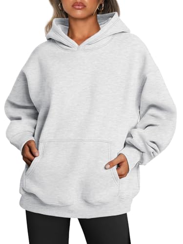 Tomwell Oversized Hoodie Damen Winter Pullover Casual Kapuzenpullover Langarm Sweatshirt Tops mit Taschen A Hellgrau M