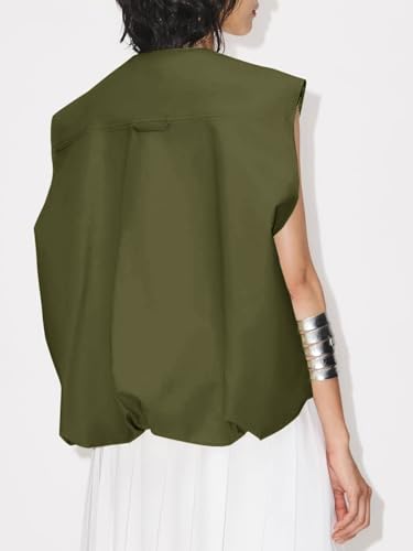 JAWINT Womens Casual Zip Up Cargo Vest Oversized Crewneck Ruched Hem Sleeveless Blazer Jackets Tops2