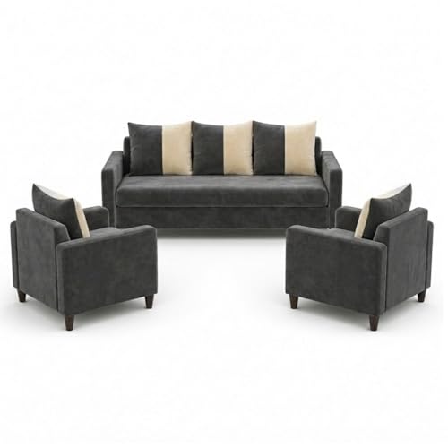 Image of FURNY Rion 3 Seater + 1 Seater + 1 Seater Fabric Sofa Set (Dark Gray-Cream) with Velvet Finish | Durable Comfort | Ideal for Living Room