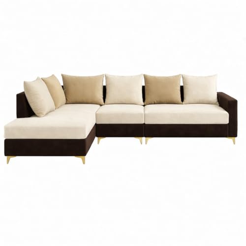 Image of FURNY Gloriss 6 Seater Fabric LHS L Shape Sofa Set with Multi-Color Beige Cushions (Cream-Dark Brown) Premium Velvet Finish with Golden Legs | Ideal for Living Room, Offices