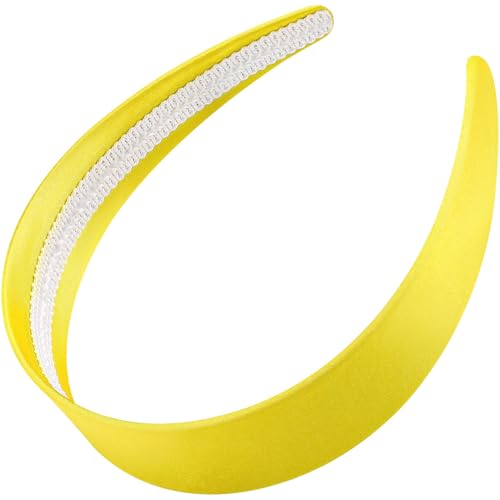 WantGor 1.6 Inch Wide Headbands Silk Satin Plain Headband for Women Non Slip Solid Hair Bands Hair Accessories Cosplay DIY Holiday Head Band (Yellow Large)