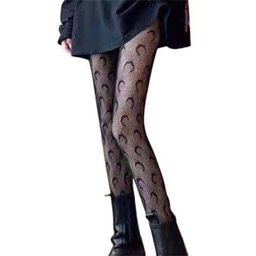 HeiBai Xiong Women's Patterned Tights Fishnet Moon Stockings Sexy Pantyhose Goth Sheer Leggings For Party Y2K