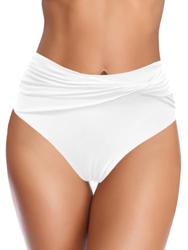 Bas de bikini blanc pour femme taille haute drapé et couvrant L