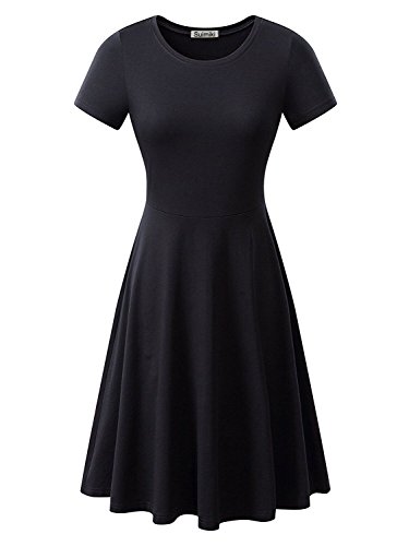Suimiki Damen Skaterkleider Knielänge Rundhals Stretch Basic Kleide, Schwarze, M