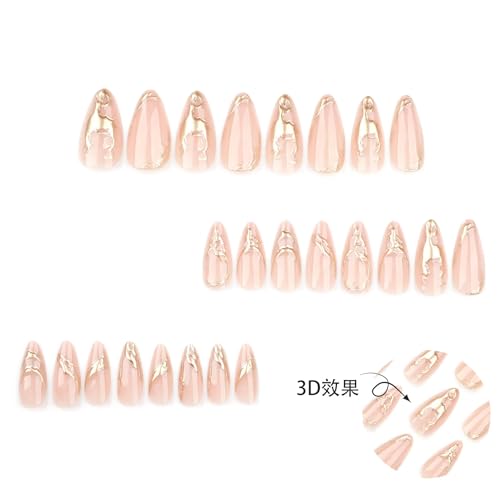 Image of Gold Press on Nails Nude Fake Nails with 3D Gold Line Design Glossy Glue on Nails Artificial Acrylic Full Cover Nude Stick on Nail Medium Almond False Nail for Women Manicure 24Pcs