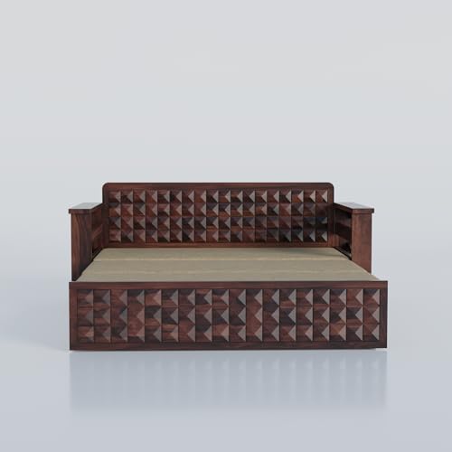 Image of Krishna Wood Decor Sheesham Wood 3 Seater Sofa Cum Bed with Mattress | Wooden Convertible Sofa Cum Bed with Side Pockets | Modern Sofa Bed with Storage Drawer for Living Room & Bedroom, Walnut Finish