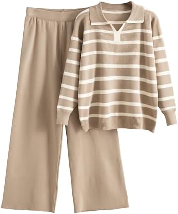 Tanming Lounge Sets for Women Striped Collar V Neck Sweatsuit Wid...