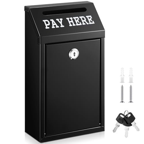Yaocom Safe Cash Box Money Collection Metal Donation Box with Lock Wall Mount Pre Drilled Mailbox Delivery Ballot for Home Office Outdoor Self Serve Stand(Black,10.2 x 5.7 x 2.8 Inch)