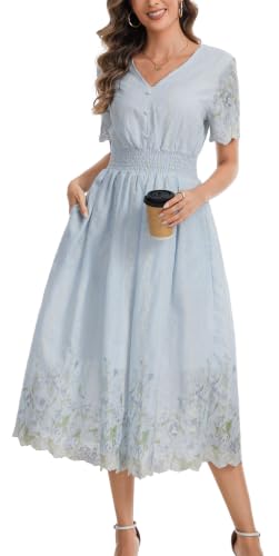 Image of Kormei Women Casual Boho V Neck 3 /4 Sleeve Smocked Waist A Line Flowy Swing Midi Dress Smocked Long Dress