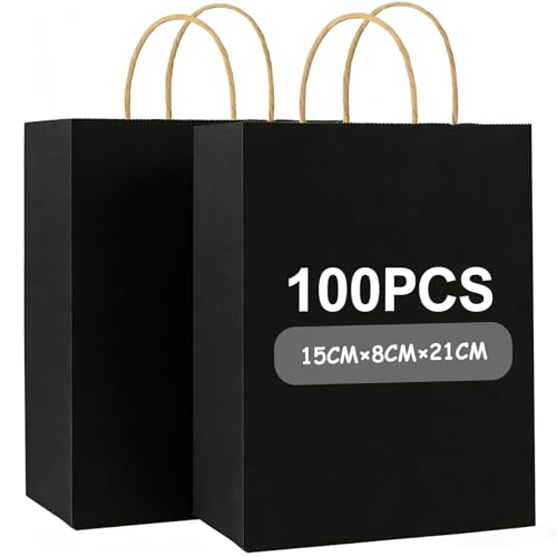 Lot de 100 petit sac kraft noir 21x8x15cm avec poignée robuste de 130gsm