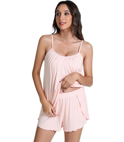 Image of NACHILA Women's Cami Pajamas-Viscose Made from Bamboo, Cool Camisole Pajama Sets Ribbed Pjs Shorts Set Sleeveless Sleepwear