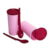  Tupperware Set 2X Joghurtbecher mit Deckel + 2X Hängelöffel Löffel für Joghurtbereiter/Siebservierer Rosa Brombeere
