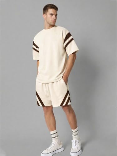 Image of CHKOKKO Men's Co-Ord Set Premium Cotton Blend Oversized T-Shirt & Shorts Cord Set with Side Pockets Round Neck Half Sleeves Solid with Contrasting Stripes Summer or Casual Wear