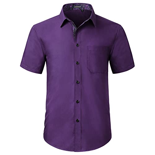 HISDERN Mens Dress Shirts Short Sleeve Regular Fit Casual Button Down Shirt Inner Contrast Business Formal Pocket Shirt