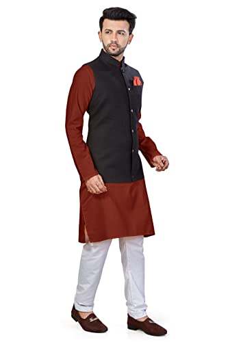 Image of BE ACTIVE Linen Blend Solid Pattern Trendy Comfortable Stylish Full Sleeve Kurta Pajama Set with Jacket Nehru Style Koti for Men's Ethnic Wear