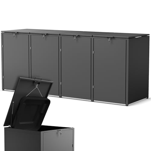 Gartenzeit® Mülltonnenbox aus Metall RAL 7016 – 3er/4er Mülltonnenhaus, abschließbar, wetterfest, mit Gasdruckfedern & belüftet – stabile...