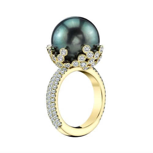 18K Gold Plated Black Pearl Ring Inlaid White AAA Cubic Zircona Solitaire Ring Handpicked Freshwater Cultured Pearl Ring Anniversary Jewelry Gift for Women