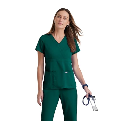 Grey’s Anatomy by BARCO Classic Riley Scrub Top for Women – Hunter Green, 3-Pocket Mock Wrap V-Neck Shirt with Natural Stretch, Soil Release Fabric, and Super-Soft Finish – Small, Regular Fit