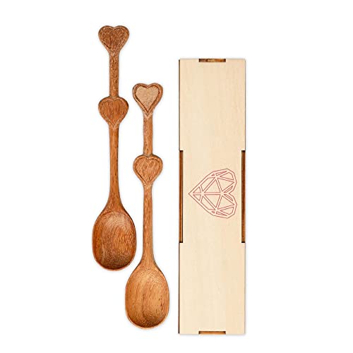 Wooden Soup Spoons with Heart Box, Set of 2 pc Small Heart Shaped Serving Spoons, Handmade Gifts, Engagement Gifts for Couples, Thanksgiving Gifts, Christmas Gifts for Girlfriend, White Elephant Gifts