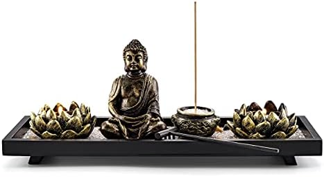 Jovivi Zen Garden Set Buddha Statue 2 Lotus Tealight Candle Holders, Mallet & Rocks and Crystals & Incense Burner Stick Holder Bowl & Wood Tray for Yoga Meditaion Home Table Decor Gift