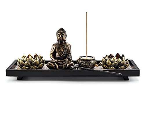 Jovivi Zen Garden Set Buddha Statue 2 Lotus Tealight Candle Holders, Mallet & Rocks And Crystals & Incense Burner Stick Holder Bowl & Wood Tray For Yoga Meditaion Home Table Decor Gift #TOP16