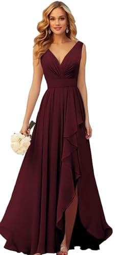 TORYEMY Chiffon Bridesmaid Dresses Long V Neck with Slit Ruffle Pleated Empire Waist Formal Dresses for Wedding