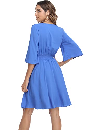 Image of VintageClothing Women's Floral Sundresses Flowy Boho Summer Beach Dress | Lightweight Breathable material,Elegant V Neck and Button Front Design,Flared Bell Sleeve Cut,Mini Casual dress