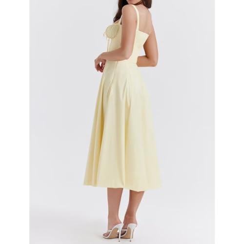 Image of Floral Corset Midi Dress Square Neck A Line Dress with Slit | Square neck floral midi dress with front tie bust wide straps A-line skirt side slit and lightweight fabric