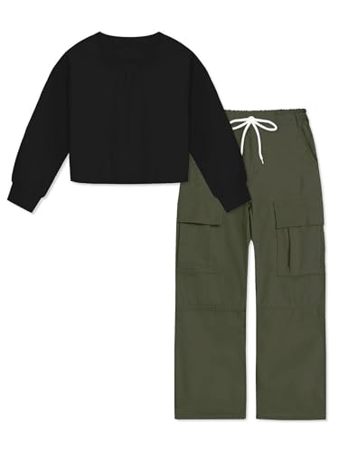 Image of Betusline Girl's 2 Piece Outfits, Cute Girls Fall Clothing Sets Cargo Pants + T-Shirt Top, 4T-14 Years