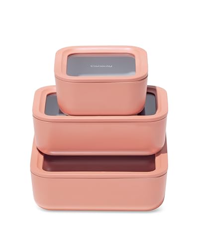 Caraway 3pc Glass Food Storage Set - 10, 6.6, & 4.4 Cup Containers - Ceramic Coated - Non-Toxic Non-Stick Lunch Box With Glass Lids - Dishwasher, Oven, & Microwave Safe - Perracotta