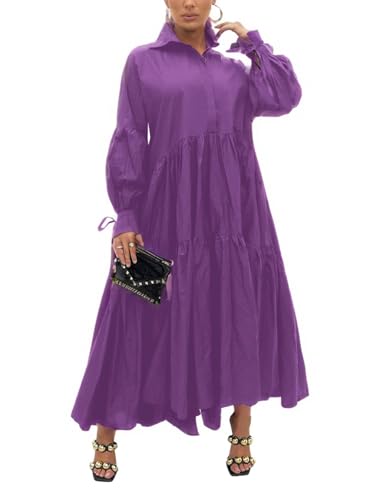 Image of Women's Long Sleeve Maxi Shirt Dress Elegant Button Down Loose Swing Party Dress