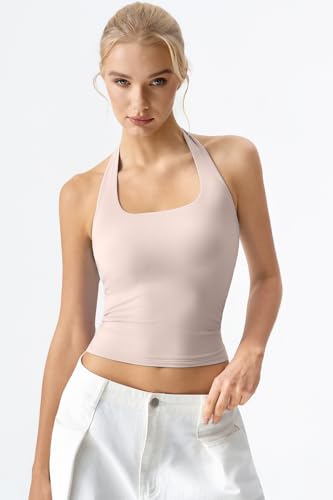 Image of QINSEN Womens Halter Top Double Lined Tank Top Sleeveless Open Back Slim fit Going Out Tops