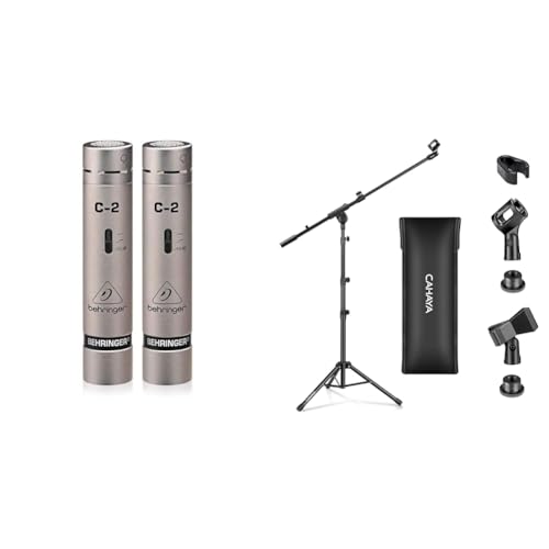 Behringer C-2 Micrófonos de estudio condensador 2 en 1 Soporte de micrófono con brazo y base de trípode plegable y ajustable de 64-158cm para conciertos, videoconferencias y escenarios