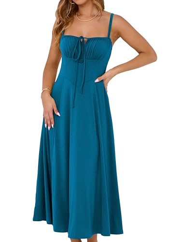 Image of YATHON Women's Summer Midi Corset Boho Dresses Spring Casual Floral Spaghetti Straps Lace Up Dress Flowy Aline Beach Sundress
