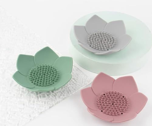 Image of 3 Pack Lotus Flowers Soap Dish Silicon Flexible Non-Slip Floral Trays with Drain for Bathroom Shower(Multicolour)