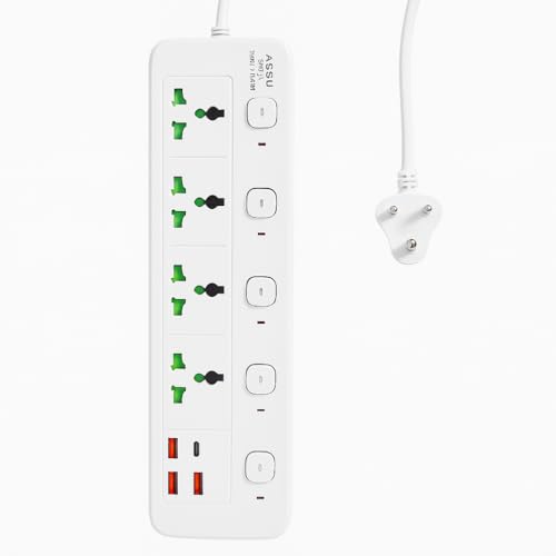 Image of NOJTI Extension Board, Power Strip with Ports and Universal Socket, 2500W 10A Extension Cord, 3-Pin Surge Protector Power Strip for Home, Office, Computer, Mobile Charging (A85U-White)