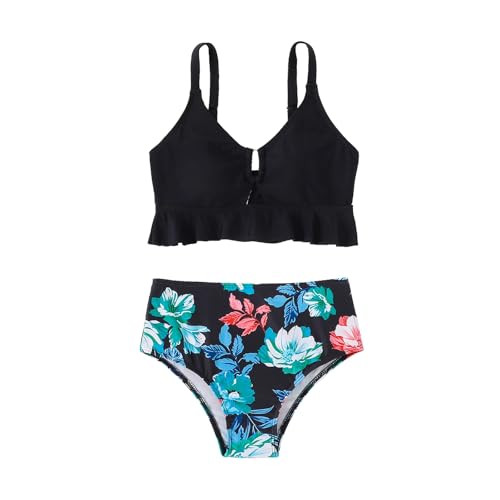 Image of ESHOWEE Girls Swimsuits 2 Piece Bathing Suit Set Toddler Ruffle Tank Top Front Cutout Beach Summer Bikini Swimwear 2-12Y