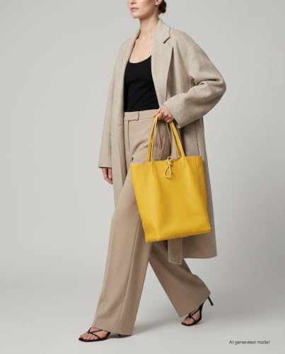 Image of Genuine Italian Leather Tote Bag for Women, Large Slouchy Purse, Yellow | Unstructured bag, raw unlined interior with zip pocket, top zipper, side ties, folds flat, fits a 16-inch laptop, lightweight