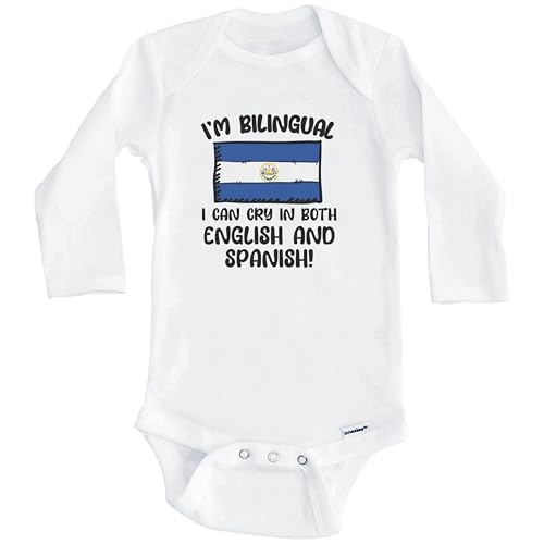 Image of I'm Bilingual I Can Cry in Both English and Spanish Funny Salvadoran Flag Baby Bodysuit - El Salvador One Piece (Long Sleeve)