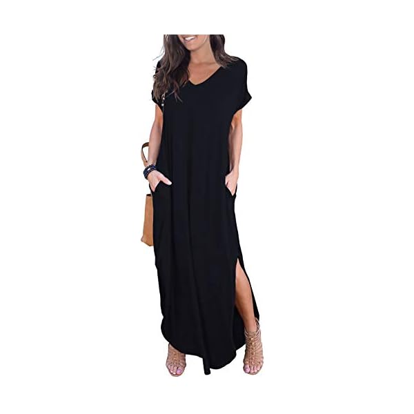 GRECERELLE-Womens-Casual-Loose-Pocket-Long-Dress-Short-Sleeve-Split-Maxi-Dresses GRECERELLE Women's Casual Loose Pocket Long Dress Short Sleeve Split Maxi Dress Black Medium