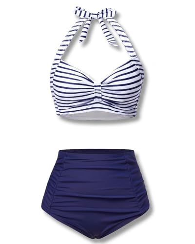 Image of Holipick Women High Waisted Bikini Set Two Piece Swimsuit Tummy Control Bathing Suit Vintage Halter Swimwear