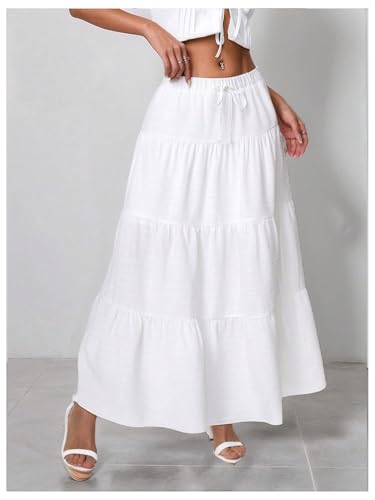 Verdusa Women's Drawstring Waist Maxi Skirt Tie Knot A Line Ruffle Flowy Long Skirts3