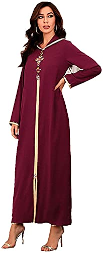 Babaseal Women Long Sleeve Muslim Dress Hoodie Rhinestone Dubai Kaftan Elegant Abayas Wine