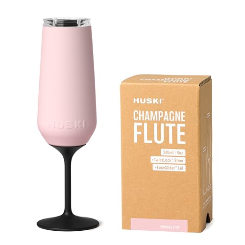 Huski Champagne Flute | New | Award-Winning Design with Detachable Stem | Premium Stainless Steel Champagne Glass with Lid | Triple Insulated Tumbler | 240ml Capacity | Great Gift (Powder Pink)