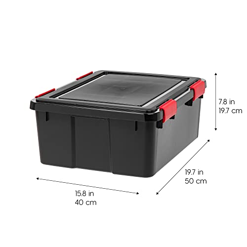 Image of IRIS USA WeatherPro 31 Qt Storage Bins with Lids, 4 Pack, BPA-Free Plastic Gasket Box with Tight Latch and Seal, Stackable Nestable Tote Tub - Black /Red
