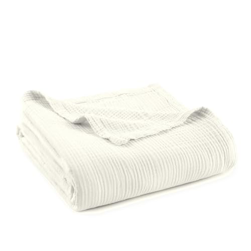 Image of 100% Cotton Organic Muslin Throw Blanket for Adults GOTS & Fairtrade Certified Organic Cotton - Couch Living Room and Bedroom Decor - 4 Layer Super Soft and Cozy (White, Queen)